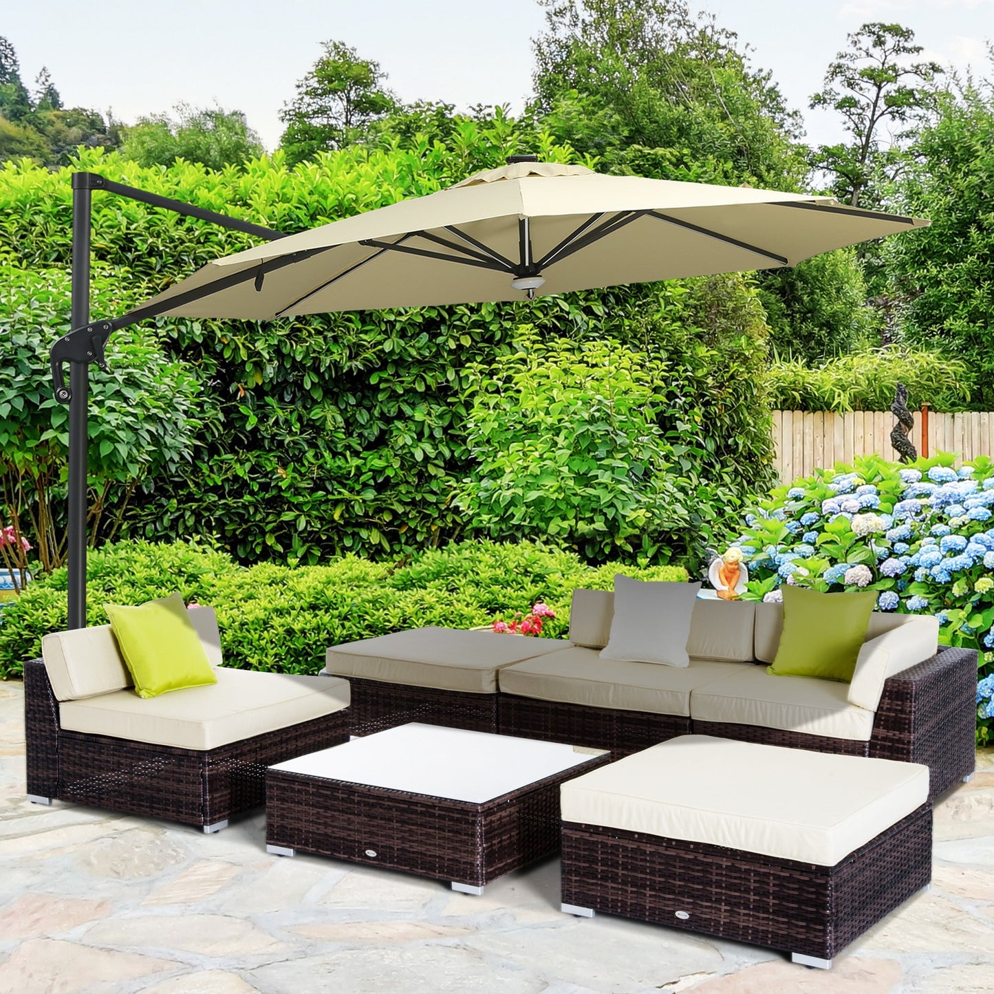 Outsunny 6 PC Rattan Sofa Coffee Table Set Sectional Wicker Weave Furniture for Garden Outdoor Conservatory w/ Pillow Cushion Brown