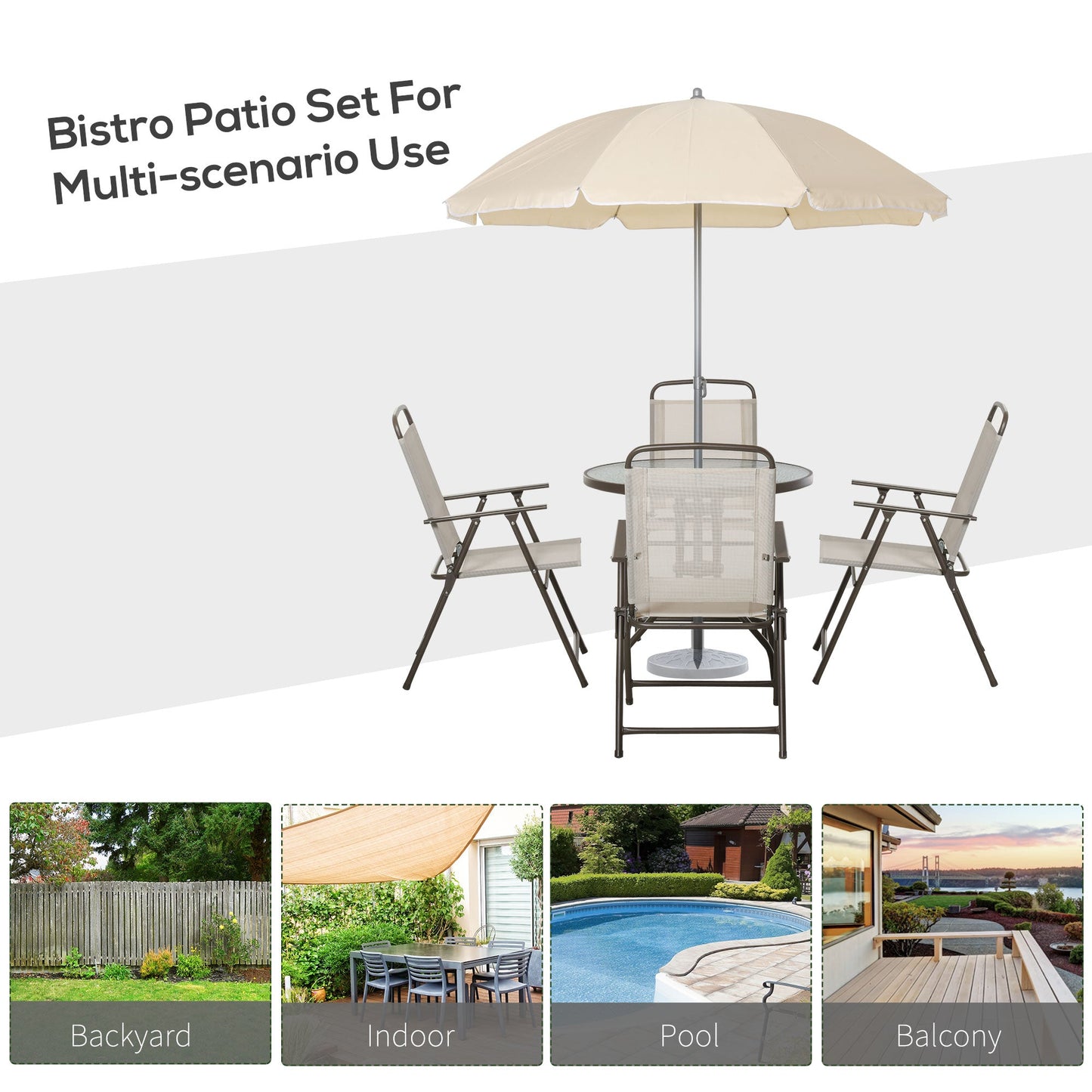 Outsunny Garden Patio Texteline Folding Chairs Plus Table and Parasol Furniture Bistro Set 6 Pieces - Coffee/Cream