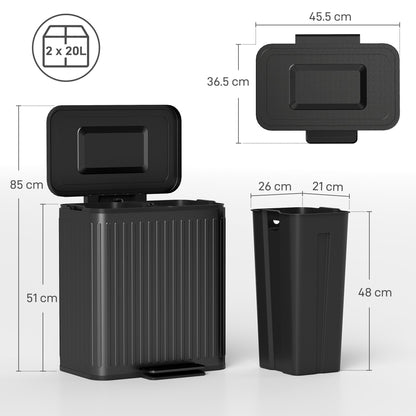 HOMCOM 40L Dual Compartment Rubbish Bin, with Soft-Close Lid - Black