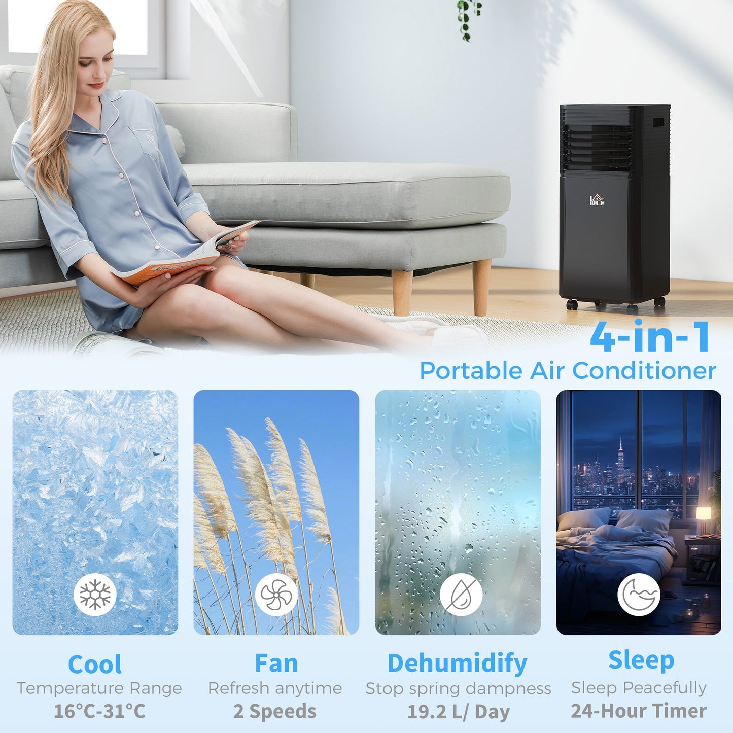 HOMCOM 7000 BTU 4-In-1 Portable Air Conditioner Unit Cooling Dehumidifying Ventilating for Room up to 26m√Ç¬≤, with Fan, Remote, 24H Timer, Window Mount Kit, R290, A Energy Efficiency