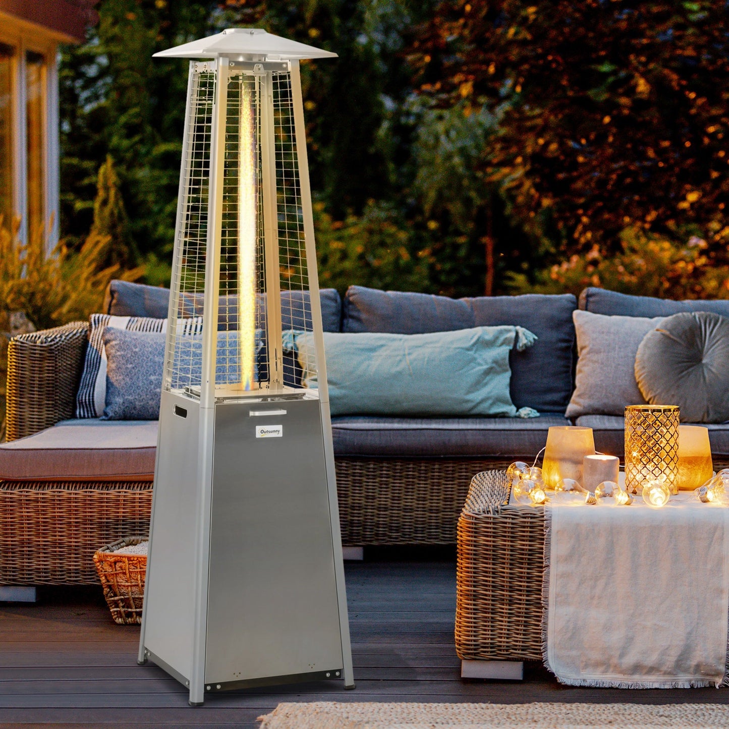 Outdoor Patio Gas Heater Stainless Steel Pyramid Propane Heater Garden Freestanding Tower Heater with Wheels, Dust Cover, Silver 11.2KW