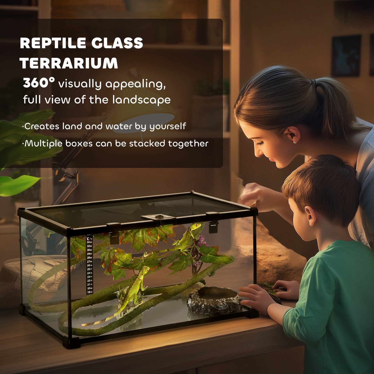 PawHut Glass Reptile Terrarium with Decor Kit, Breeding Tank with Thermometer for Small Animals, 50 x 30 x 25cm, Heated - Black