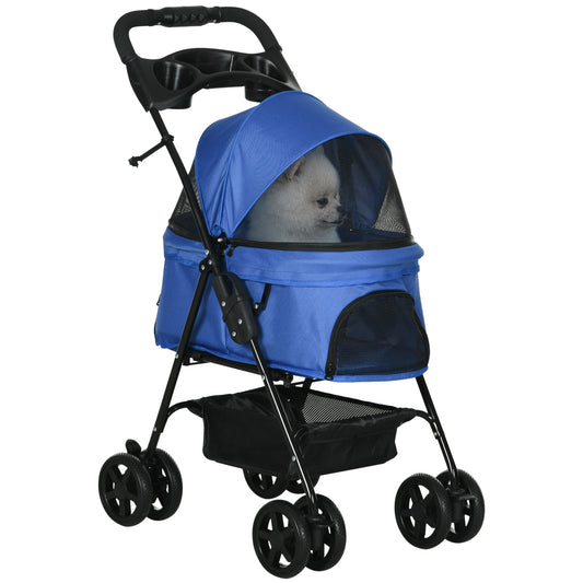 PawHut Pet Stroller Dog Cat Travel Pram Pushchair One-Click Fold Trolley Jogger with EVA Wheels Brake Basket Adjustable Canopy Safety Leash Blue