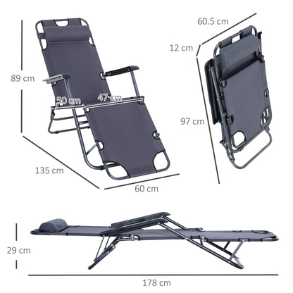 Outsunny 2 in 1 Sun Lounger Folding Reclining Chair Garden Outdoor Camping Adjustable Back with Pillow, Grey