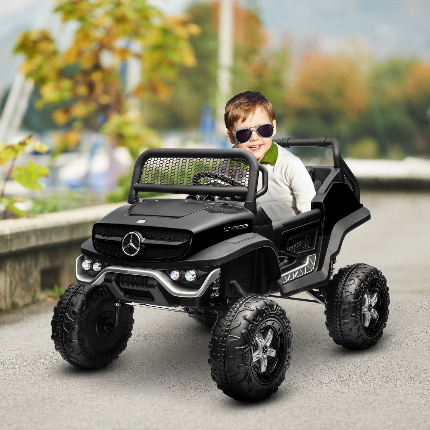 HOMCOM 12V Licensed Mercedes-Benz Unimog, Kids Electric Ride on Car, with Remote Control, Horn, Light, MP3 - Black