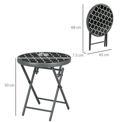 Outsunny _45cm Garden Side Table, Outdoor Round Folding Patio Table with Imitation Marble Glass Top, Small Coffee Table, Black and White