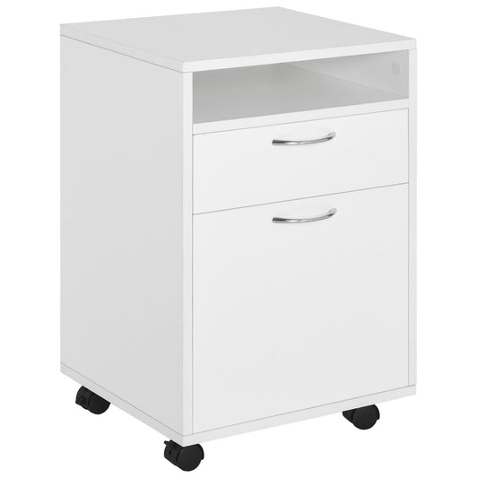 HOMCOM 60cm Filing Cabinet with Drawer, Open Shelf, Metal Handles and 4 Wheels, Office Home Organiser Mobile Printer, White