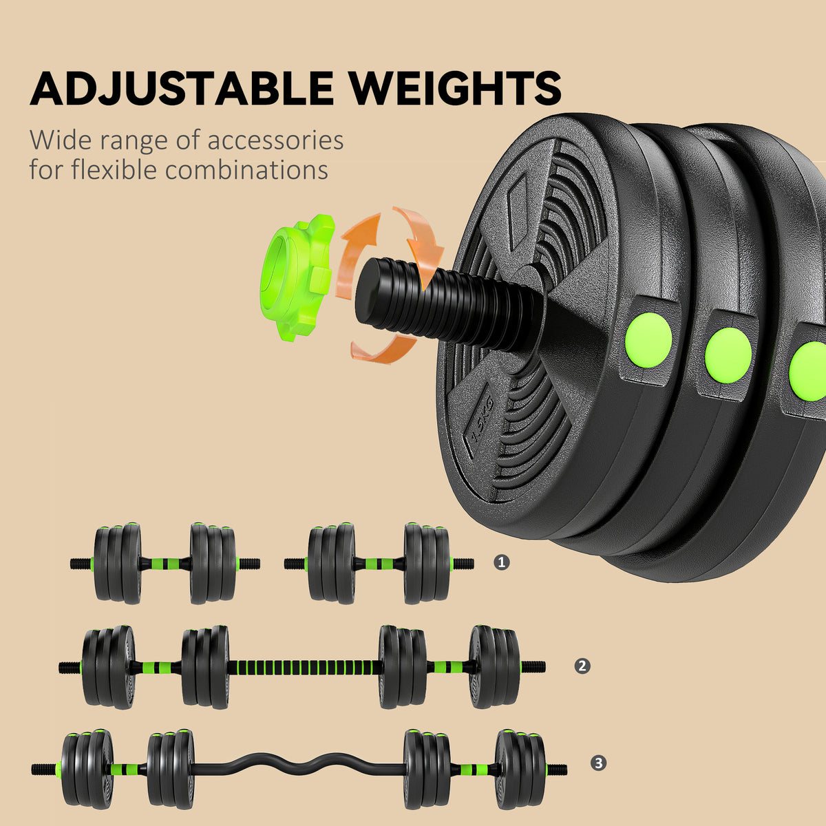 SPORTNOW 25 kg 3-in-1 Adjustable Dumbbell & Barbell Set with EZ Bar, Connecting Rod and Non-Slip Grip for Home Gym, Green