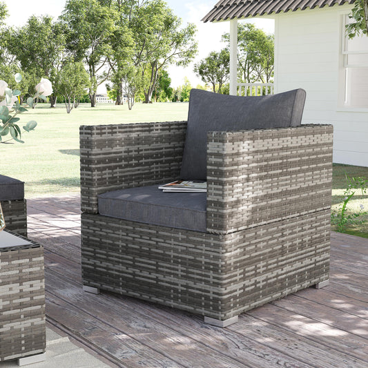 Outsunny Jednoosobowa sofa rattanowa z wyściełanymi poduszkami, fotel ogrodowy z plecionej wikliny PE, odporny na warunki atmosferyczne, z podłokietnikami, ciemnoszary