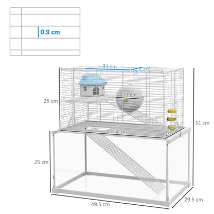 PawHut Gerbil Cage, Dwarf Hamster Cage w/ Deep Glass Bottom, Ramps Platforms Hut Exercise Wheel Water Bottle - White