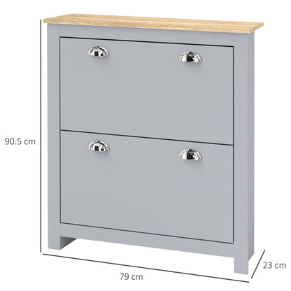 HOMCOM 2 Drawer Shoe Cabinet Modern Narrow Shoe Cupboard Hallway Wooden Storage Organiser with Flip Doors Adjustable Shelf for 6-12 Pairs, Grey