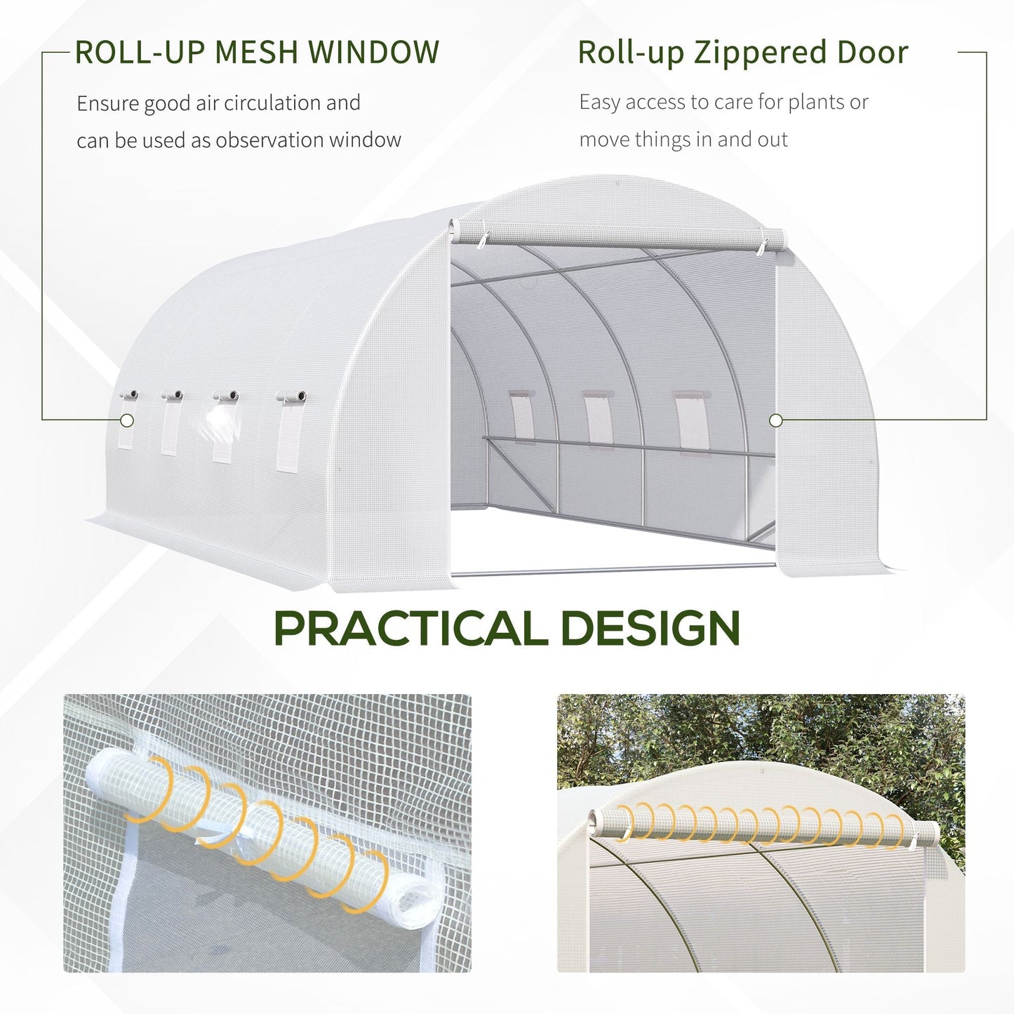 Outsunny 6 x 3 x 2 m Large Walk-In Greenhouse Garden Polytunnel Greenhouse with Metal Frame, Zippered Door and Roll Up Windows, White