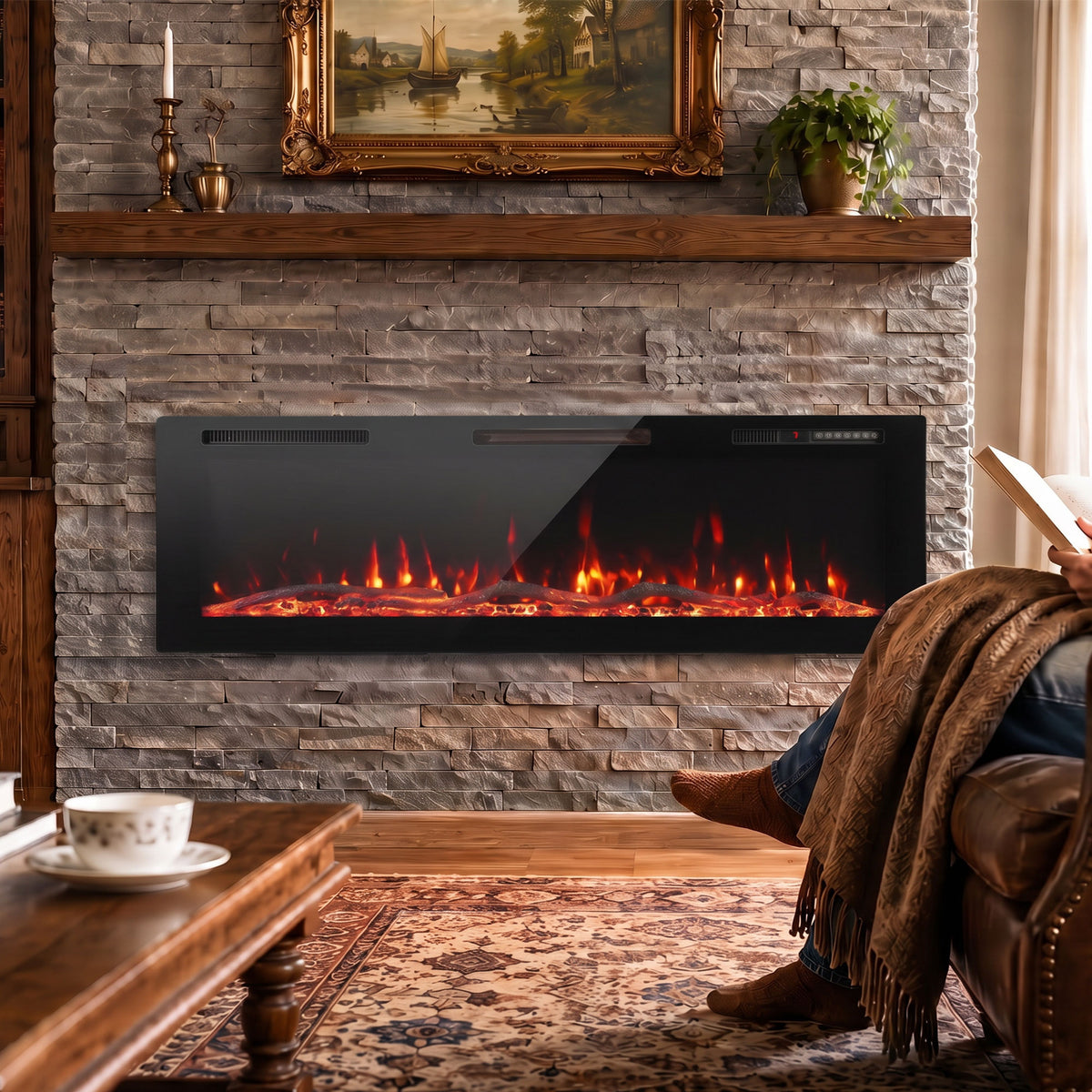 HOMCOM 3 IN 1 Slim Electric Fire, Wall Mounted/Recessed/Freestanding, Electric Fireplace with 12 Flame Colours, 5 Brightness