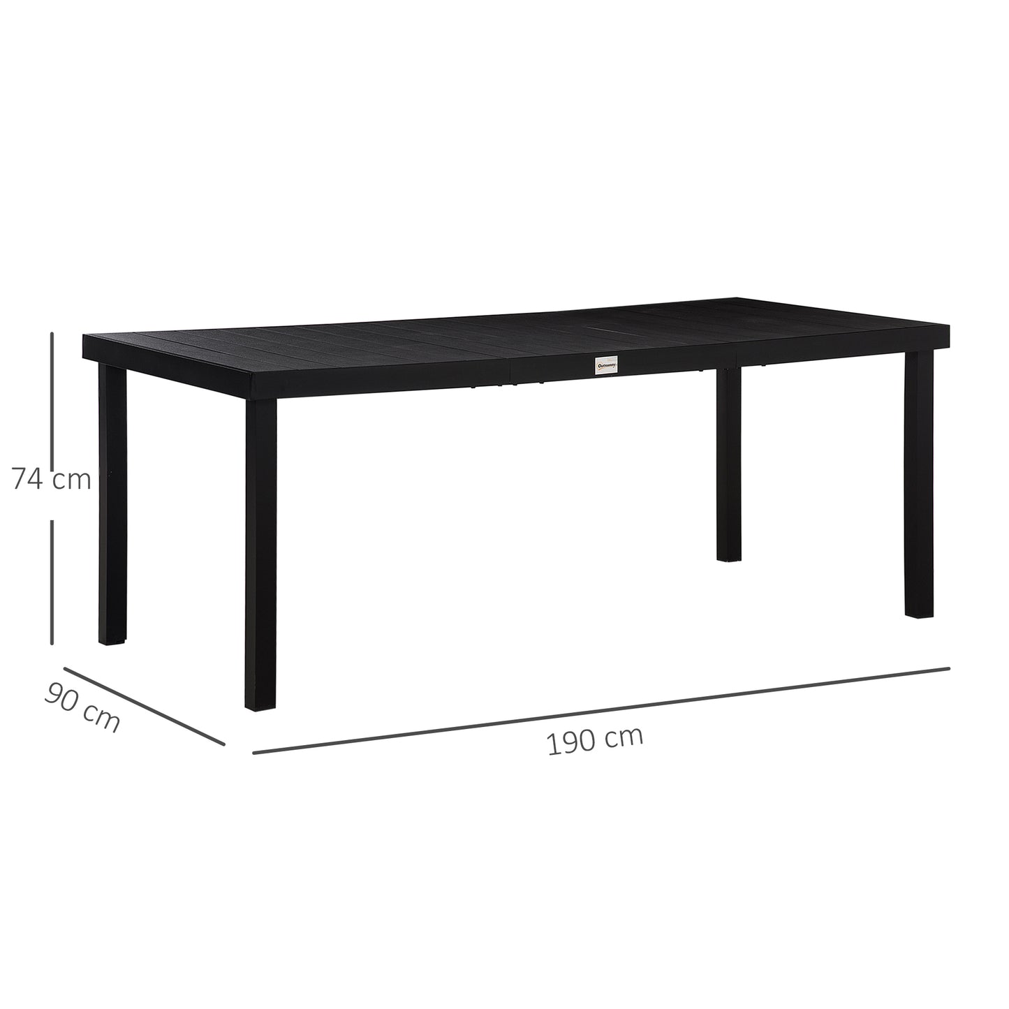 Outsunny aluminiowy stół ogrodowy do jadalni dla 8 osób, blat z imitacji drewna, do ogrodu, na patio, 190 x 90 x 74 cm, czarny