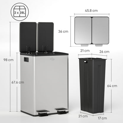 HOMCOM 56L Dual Compartment Stainless Steel Bin, with Deodoriser Holders - Silver Tone