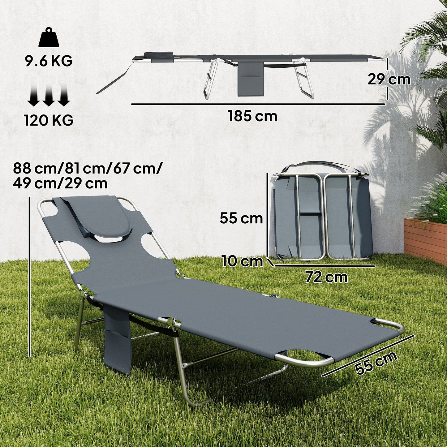 Outsunny 5-Position Adjustable Sun Loungers Set of 2 with Reading Hole and Side Pocket, Dark Grey