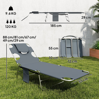 Outsunny 5-Position Adjustable Sun Loungers Set of 2 with Reading Hole and Side Pocket, Dark Grey