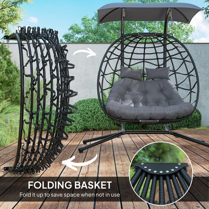 Outsunny Rattan Double Hanging Egg Chair z baldachimem, składany wiklinowy fotel hamakowy Egg z poduszką, poduszkami pod głowę, stojakiem, stalową ramą, fotelem hamakowym do wewnątrz i na zewnątrz, nośność 260 kg, czarny
