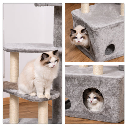 PawHut Cat Tree Kitten Tower مركز أنشطة من 4 مستويات أثاث للحيوانات الأليفة مع عمود خدش من السيزال، مجثمات قطيفة معلقة، ألعاب كروية باللون الرمادي