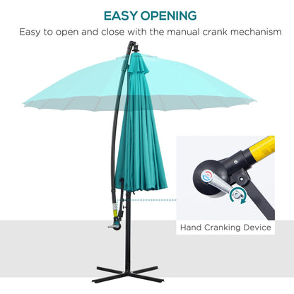 3 Metre Cantilever Shanghai Parasol Garden Hanging Banana Sun Umbrella with Crank Handle, 18 Sturdy Ribs and Cross Base, Turquoise