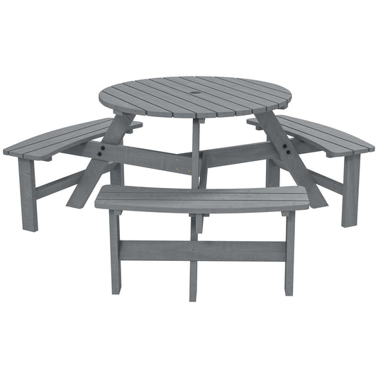 Outsunny 6 Seater Wooden Picnic Table and Garden Benches Set, Round Garden Dining Set with 3 Benches and Umbrella Hole Outdoor Garden Park, Grey