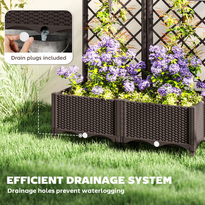 Outsunny Raised Garden Bed with Trellis, Plastic Planter Box with Drainage Holes and Drain Plugs for Climbing Plants, Vegetables, Flowers, Brown