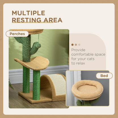 PawHut 72cm Cat Tree, with Top Bed, Curved Pad, Sisal Scratching Post - Beige & Green