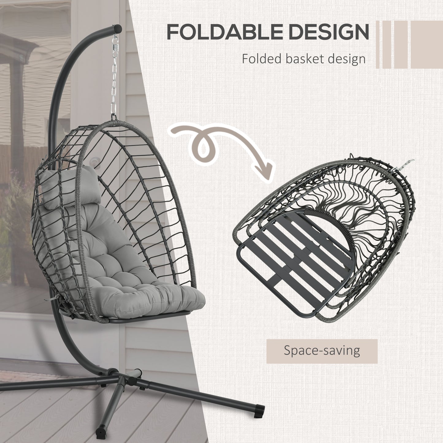 Outsunny Outdoor PE Rattan Swing Chair z poduszką, składany kosz ogrodowy Patio Hanging Egg Chair z metalowym stojakiem, zagłówek, do wewnątrz i na zewnątrz, jasnoszary