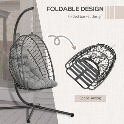 Outsunny Outdoor PE Rattan Swing Chair z poduszką, składany kosz ogrodowy Patio Hanging Egg Chair z metalowym stojakiem, zagłówek, do wewnątrz i na zewnątrz, jasnoszary