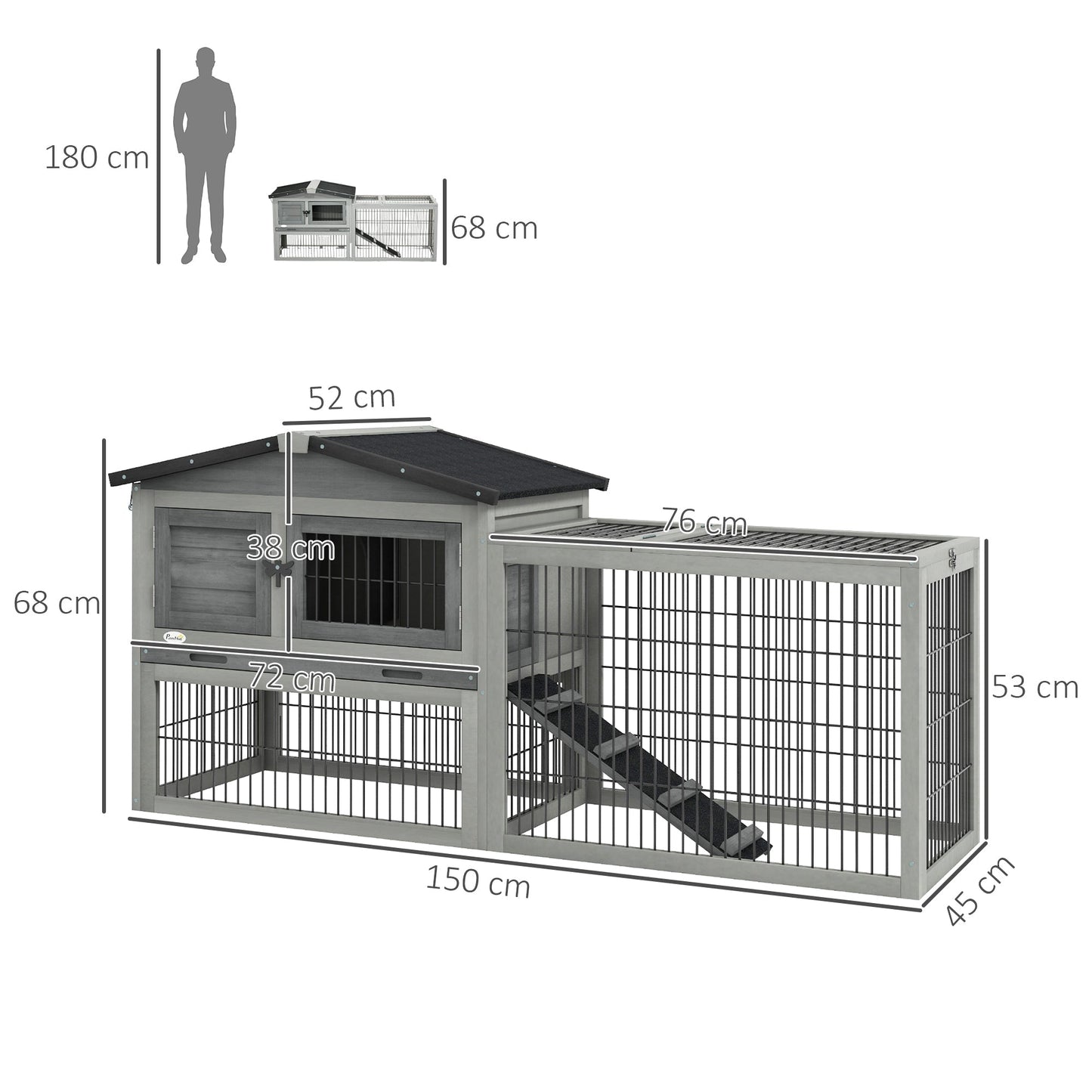 PawHut Wooden Rabbit House Hutch with Outdoor Run Grey