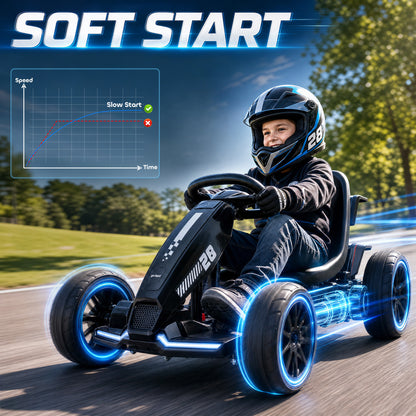 AIYAPLAY 12V Electric Go Kart for Kids with Dual Motors, Adjustable Seat, Soft Start, LED Lights, EVA Wheels, for Age 3-6, Black