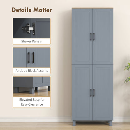 HOMCOM Freestanding Kitchen Cupboard, 4-Door Storage Cabinet with Adjustable Shelves, Modern Kitchen Pantry for Dining Room, 170cm, Grey Wood Effect