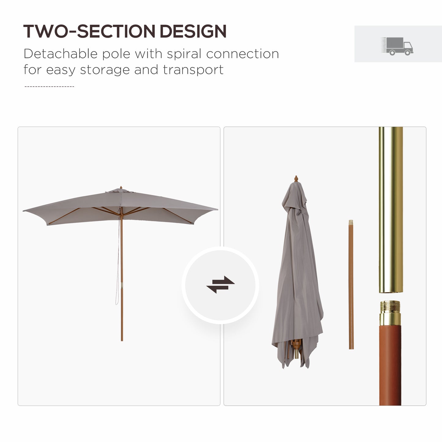 Outsunny 2 x 3m Drewniany Parasol Ogrodowy Zewnętrzny Baldachim Przeciwsłoneczny, Parasol Stołowy z Otworami, Słup 38 mm, Mechanizm Linowy, Jasnoszary