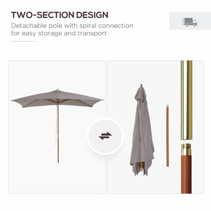 Outsunny 2 x 3m Drewniany Parasol Ogrodowy Zewnętrzny Baldachim Przeciwsłoneczny, Parasol Stołowy z Otworami, Słup 38 mm, Mechanizm Linowy, Jasnoszary