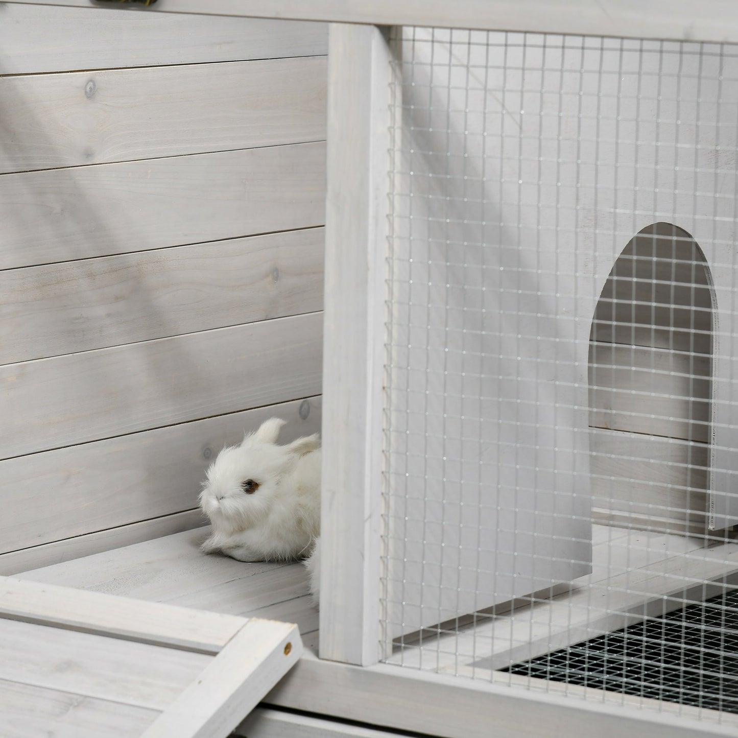 PawHut Rabbit Hutch Guinea Pig Cage, 2 in 1 Small Animal House for Indoor with Wheels 138 x 53 x 61cm, Light Grey