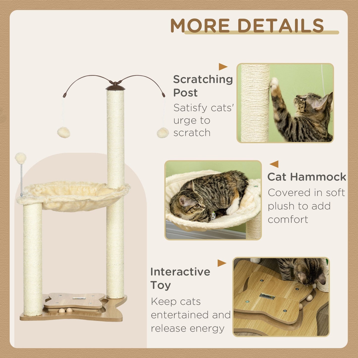 PawHut Cat Tree, with Scratching Posts, Hammock, Toy Ball - Beige