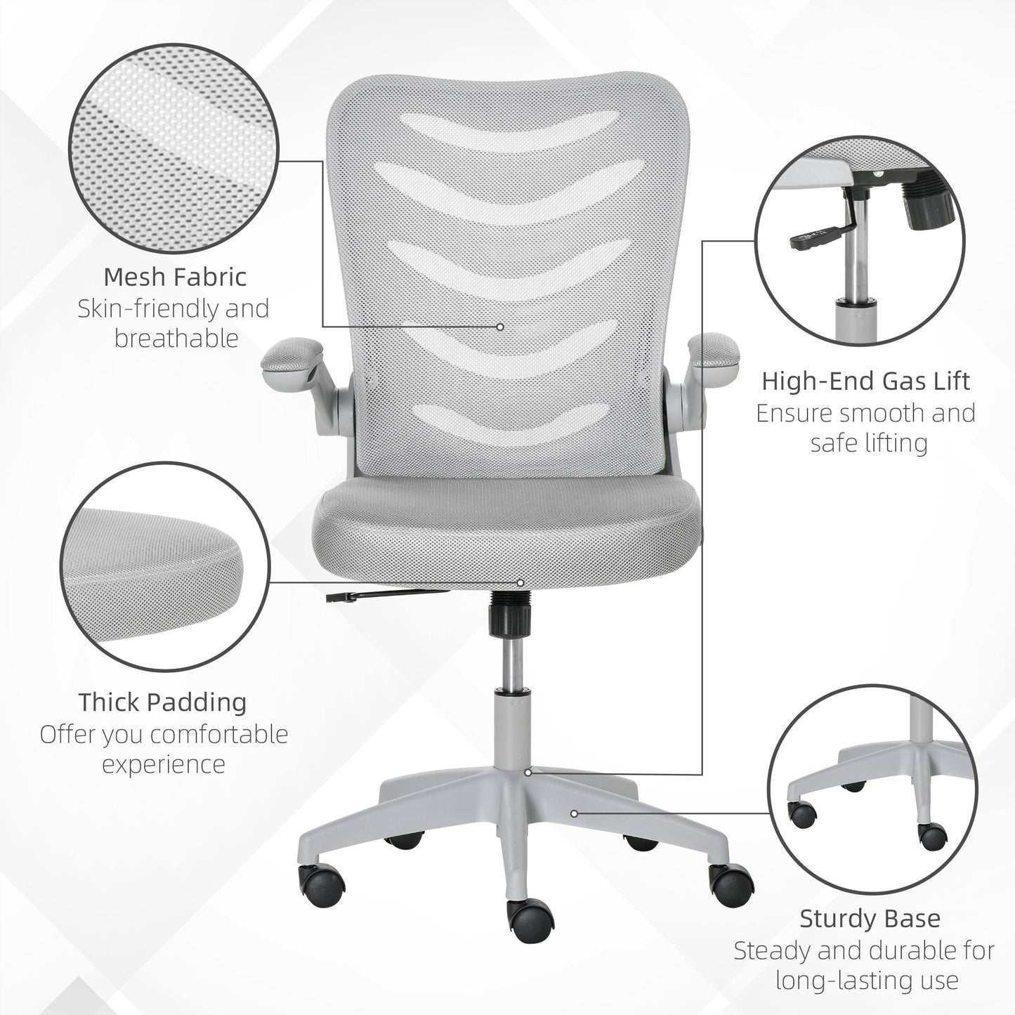 Vinsetto Mesh Office Chair for Home Swivel Task Desk Chair with Lumbar Back Support, Flip-Up Arm, Adjustable Height, Grey