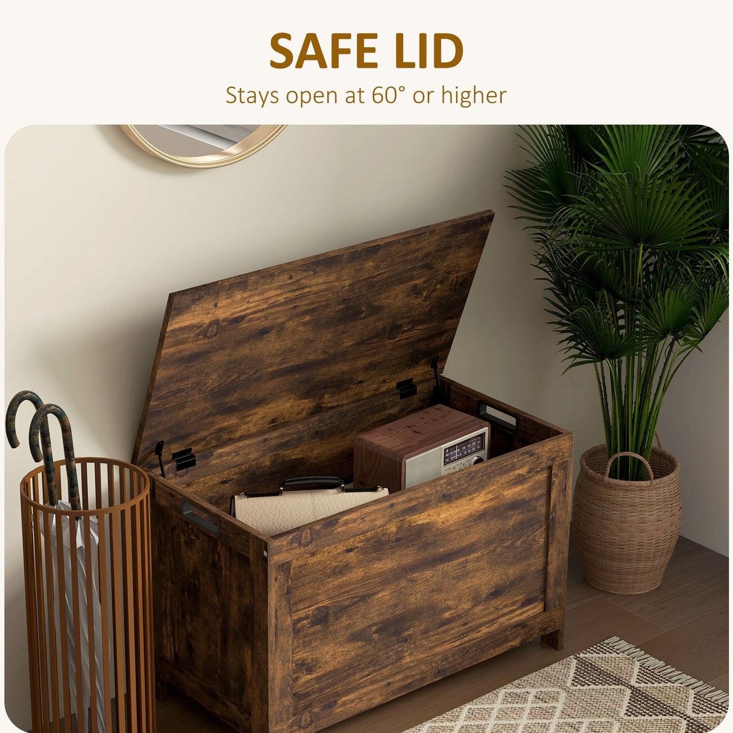 HOMCOM Storage Chest, Modern Storage Trunk with 2 Safety Hinges and Cut-out Handles, Wooden Toy Box for Living Room, Entryway, 76 x 40 x 48 cm, Rustic Brown