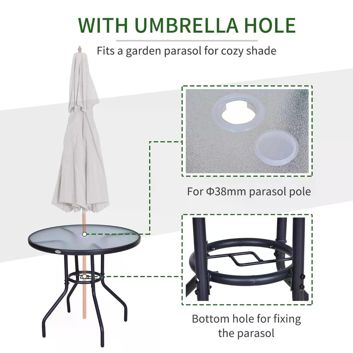 Outsunny Outdoor _80cm Round Dining Table Tempered Glass Top Steel Frame Bistro Coffee End Side Table Garden w/ Parasol Hole