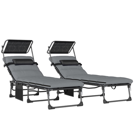 Outsunny Folding Sun Loungers Set of 2 with Canopy, Reclining Sunbed with Cushion, Side Pocket, Carrying Handle, Light Grey