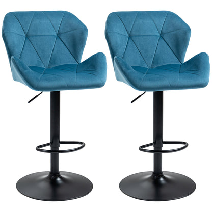 HOMCOM Bar Stools Set Of 2, Luxurious Velvet-Touch Barstools with Metal Frame Footrest Round Base Triangle Indenting Moulded Seat Adjustable Height Swivel Blue
