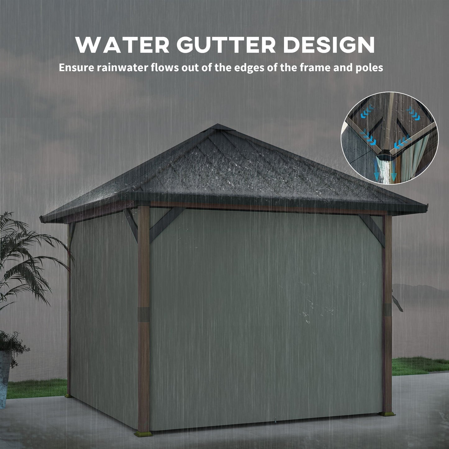 Outsunny 3 x 3(m) Hardtop Gazebo with Galvanised Steel Roof and Water Gutter, Waterproof Permanent Pavilion Garden Gazebo with Netting and Curtains for Patio, Deck, Walnut Wood Finish