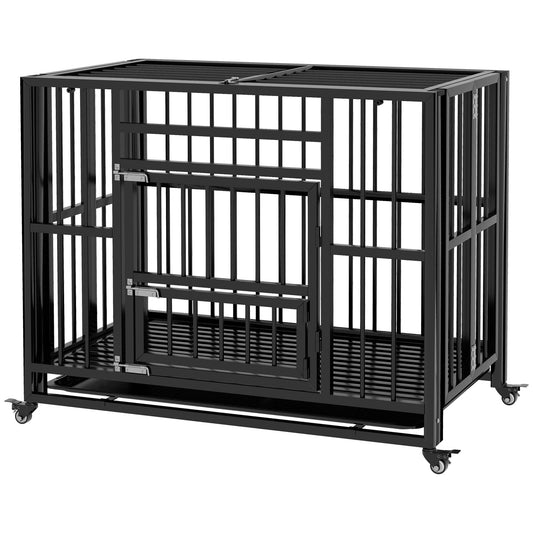 PawHut 37" Heavy Duty Dog Crate, Foldable Dog Cage, with Openable Top, Locks, Removable Tray, Wheels - Black