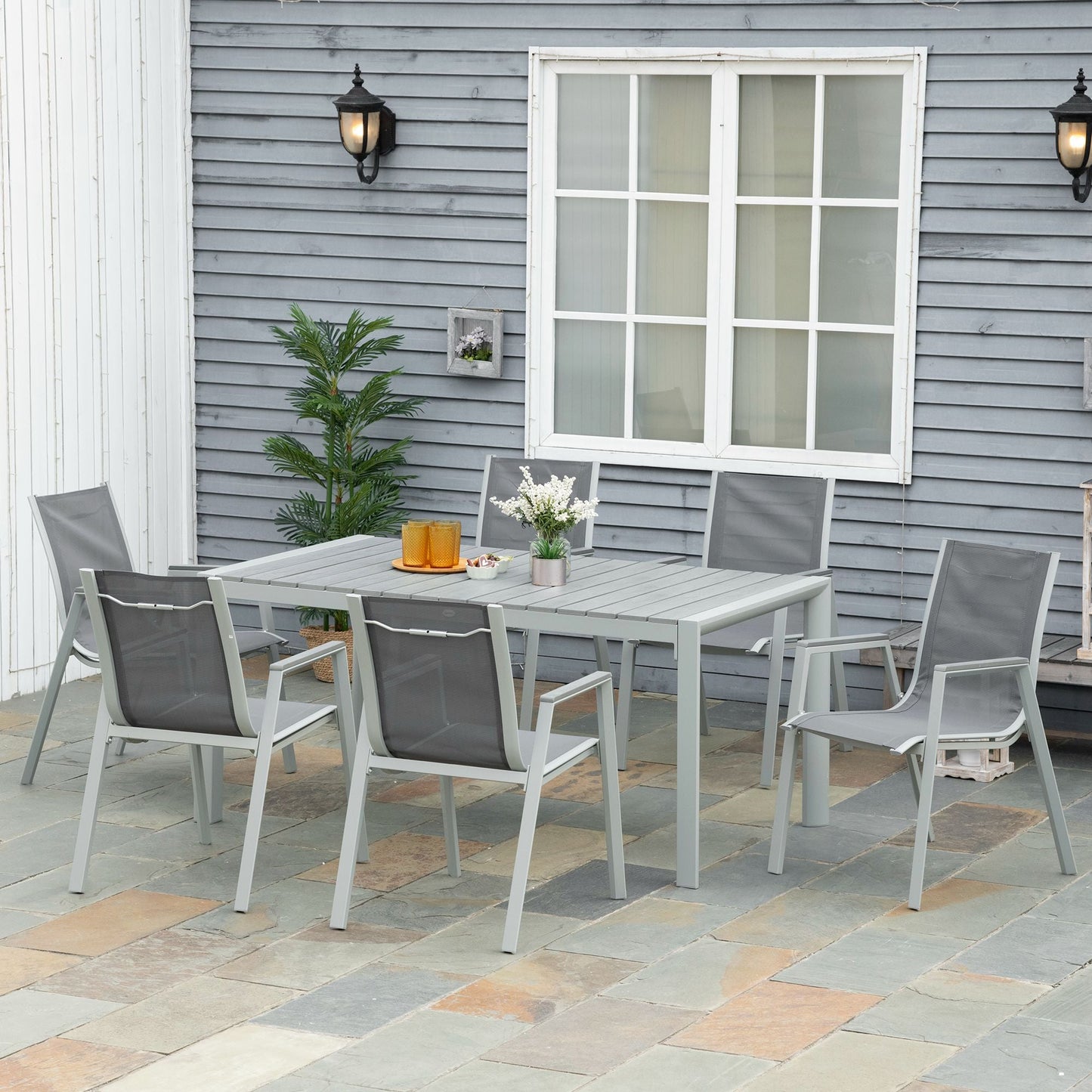 Outsunny 7 Pieces Garden Dining Set, Outdoor Table and 6 Armchairs, Aluminium Frame, Slatted Wood Grain Plastic Top Table, Breathable Mesh Fabric Seats and Backrest, Light Grey