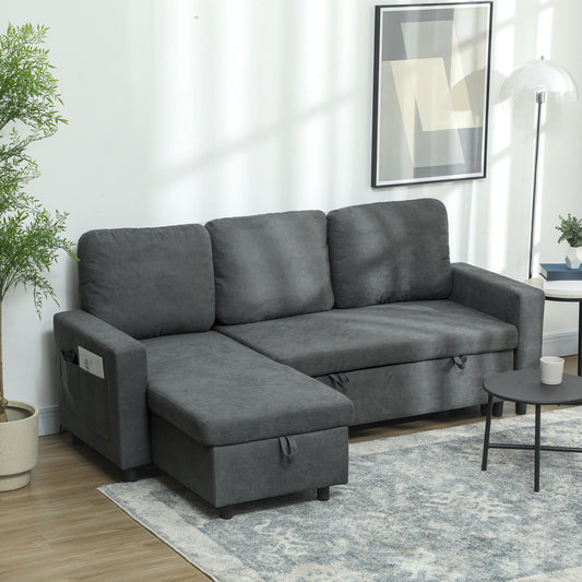 Sofa rozkładana HOMCOM L z pojemnikiem na pościel - antracyt