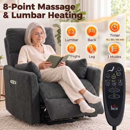 HOMCOM Riser Recliner Chair with Massage and Heat, Teddy Fleece Electric Power Lift Recliner for Elderly, Dark Grey