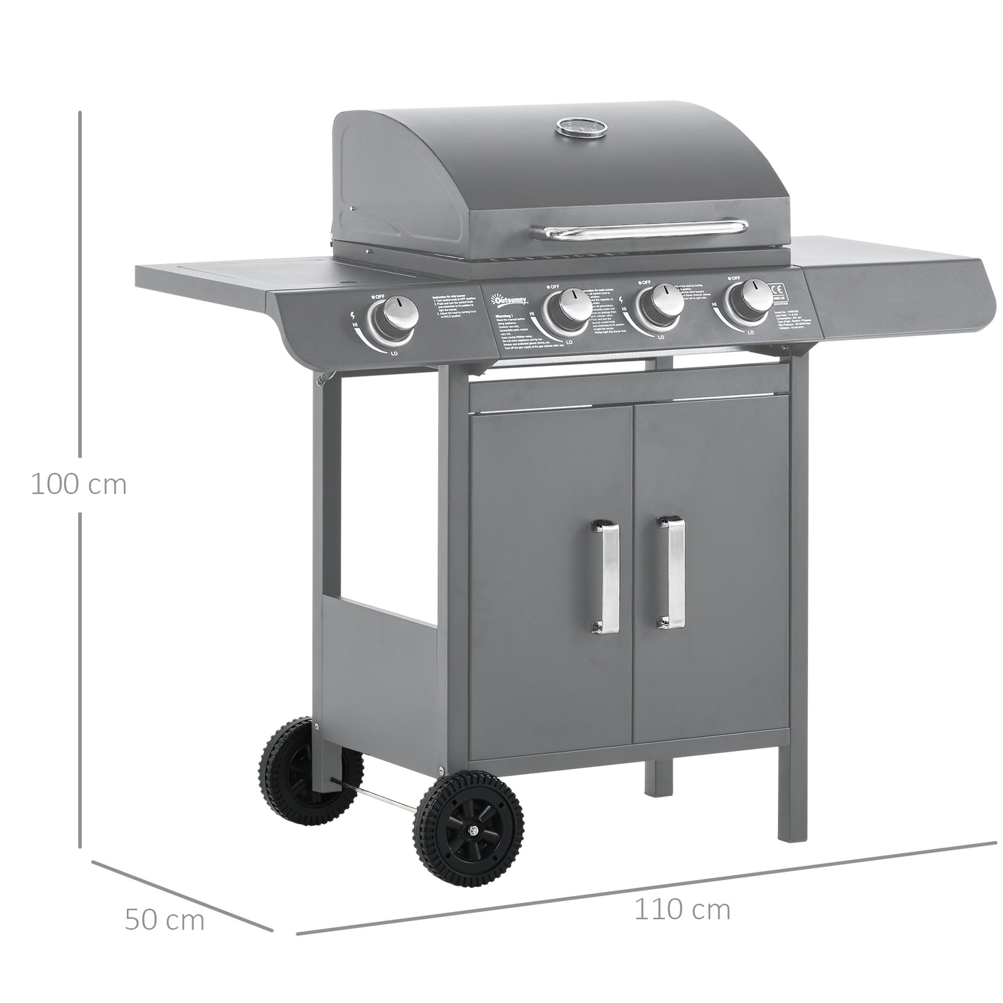 Outsunny 3+1 palnikowy grill gazowy, wózek do grilla na zewnątrz z kółkami, ruszt do podgrzewania, półki boczne, szafka, termometr do ogrodu, na imprezę, kemping, 110L x 50W x 100Hcm, szary