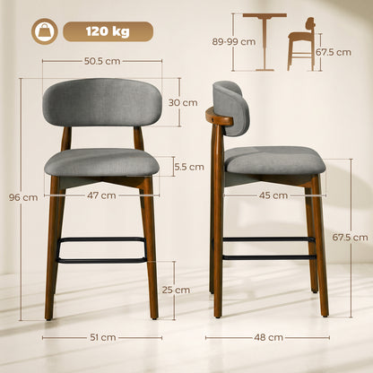 HOMCOM Bar Stools Curved Open Back Padded Seat Footrest Set of 2 for Kitchen Grey