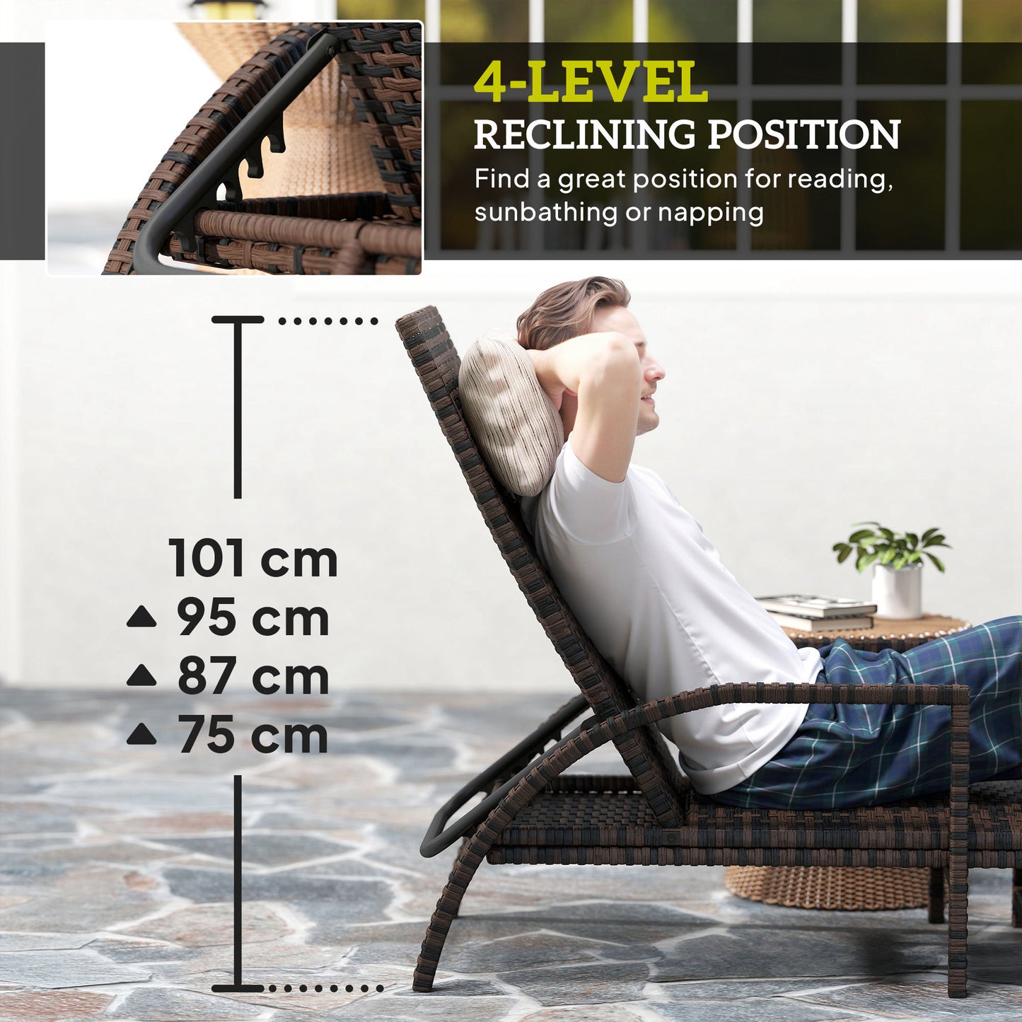 Leżanka Outsunny Reclining Rattan z rozkładanym podnóżkiem - brązowa