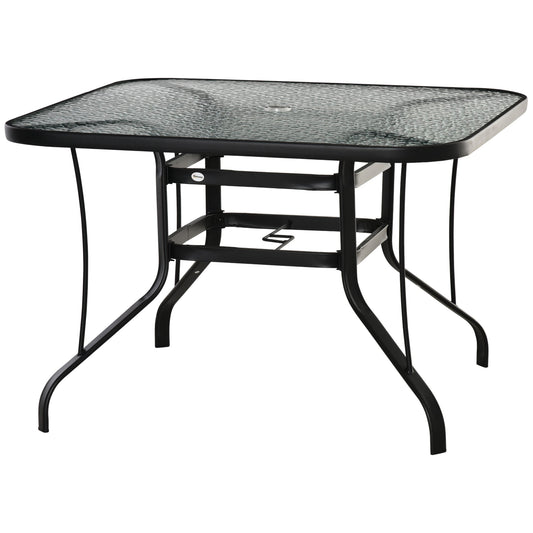 Outsunny Square Outdoor Garden Dining Table with Parasol Hole, Tempered Glass Top, Steel Frame for Garden, Lawn, Patio, Black